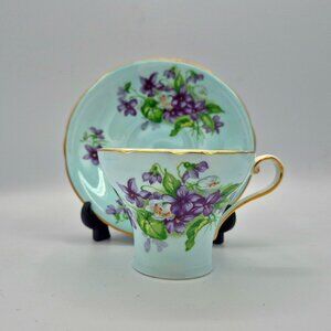 Vintage John Aynsley Corset Tea Cup & Saucer #C1313 Violets on Robin Egg Blue